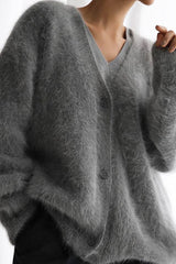 Solid V Neck Soft Mink Fleece Loose Knit Cardigan