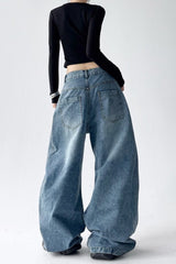 Relaxed Fit Letter Print Draping Curved Leg Jeans