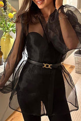 Sheer Mesh Puff-Sleeve Tie-Front Blouse