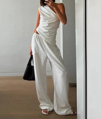 White Hollow Backless Pants Two Piece Set