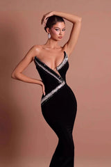 Black Crystal-Embellished Bandage Mermaid Party Dress