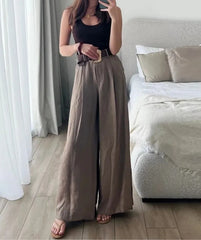 Satin Belted Wide Leg Pocket Pant