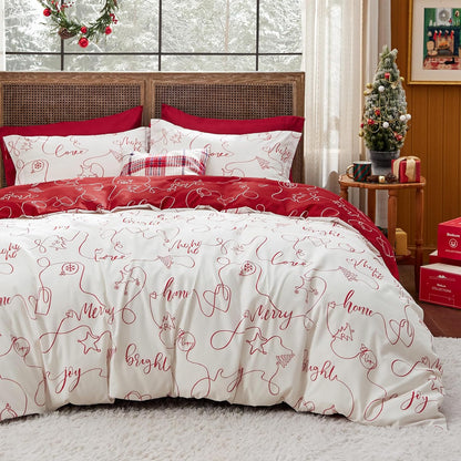 Christmas Duvet Cover Queen - Reversible Buffalo Check Printed Plaid - Includes 1 Duvet Cover and 2 Pillow Shams - Reindeer Design - Queen Size