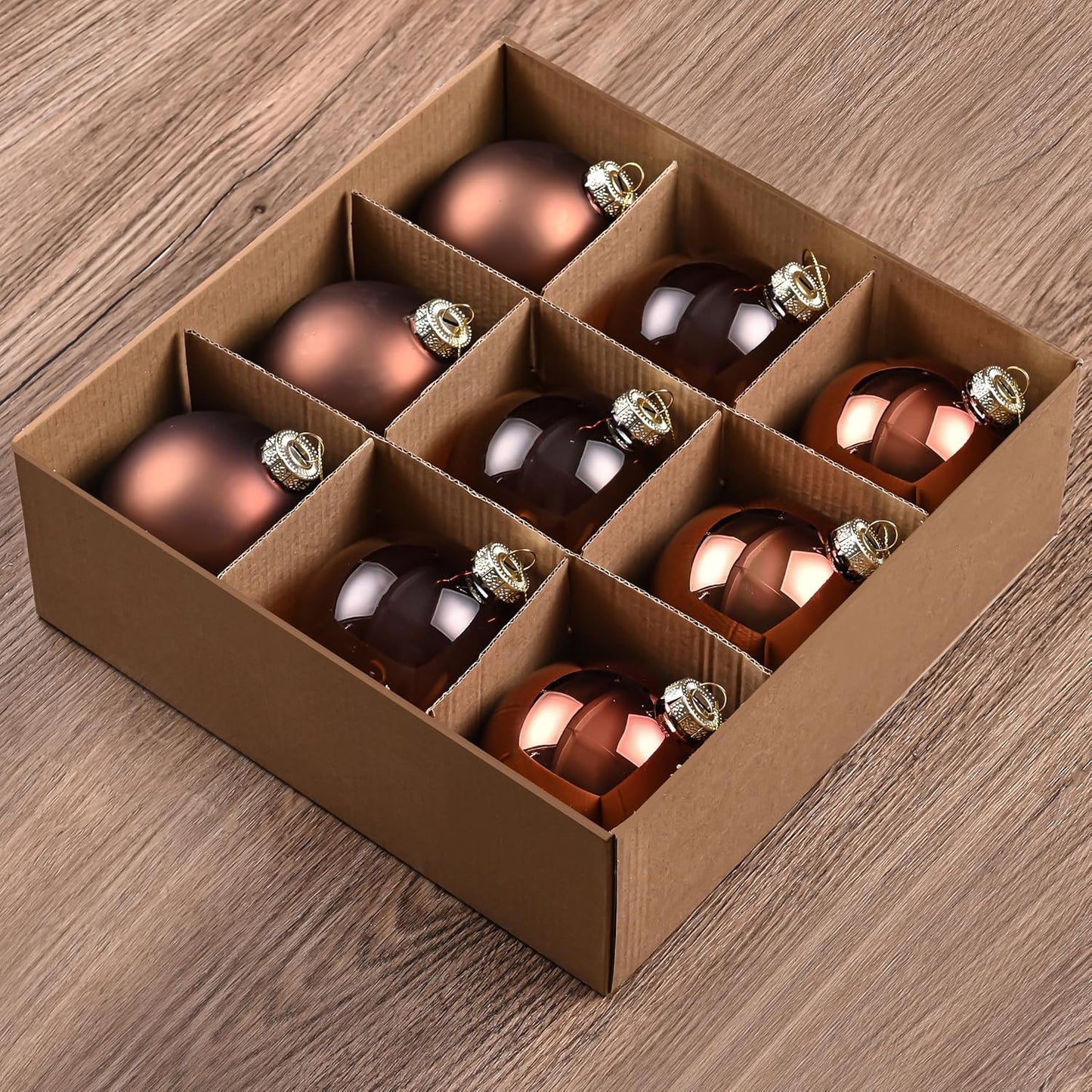 Set of 9 Brown Glass Christmas Ball Ornaments with Various Finishes