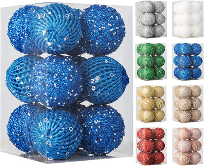 White Glitter Sequin Foam Ball Ornaments - Pack of 12