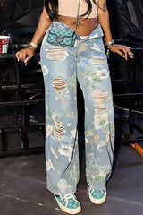 Floral Graffiti Distressed High Waist Loose Straight Jeans