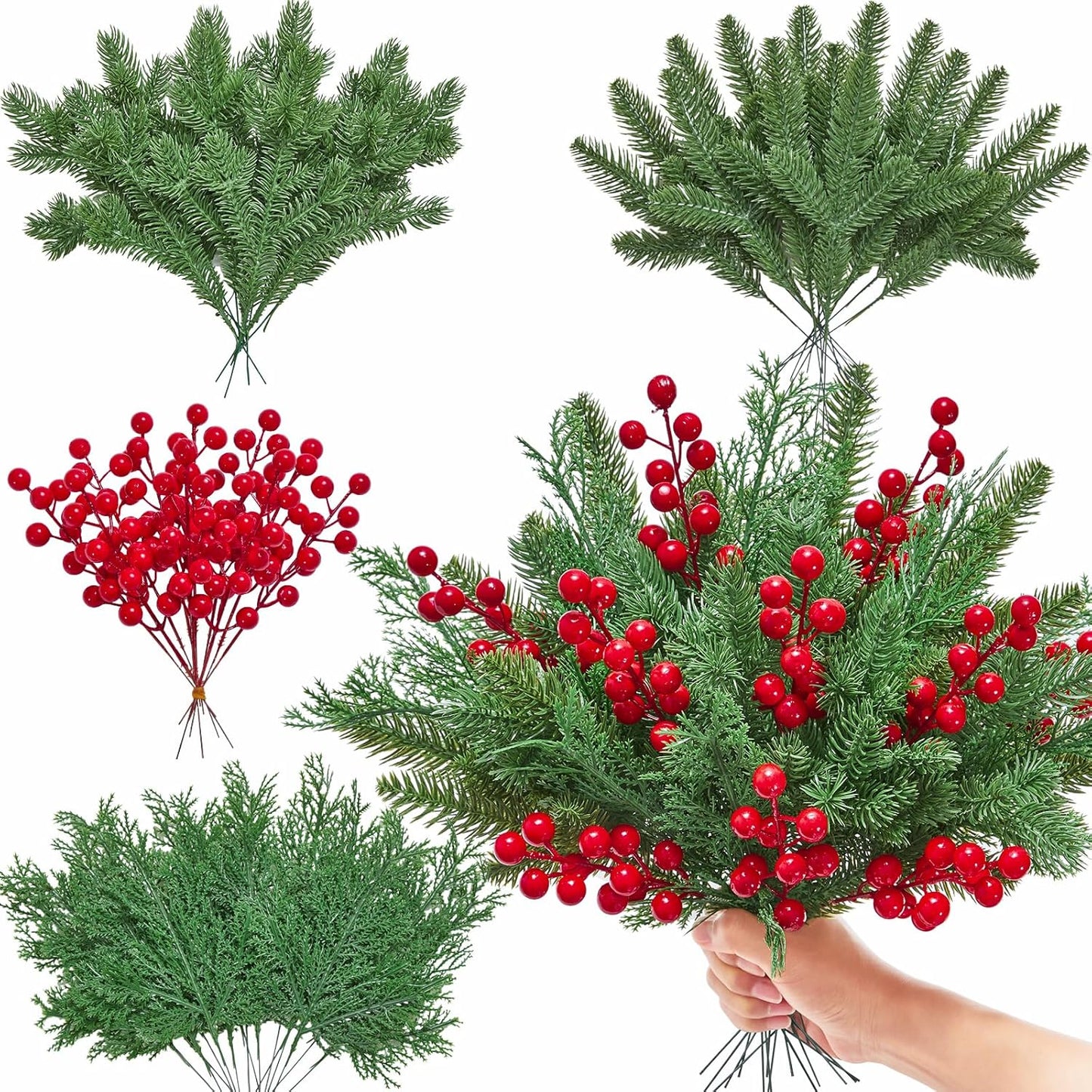 Artificial Pine Branches with Red Berry Stems - Set of 50 for DIY Christmas Decorations