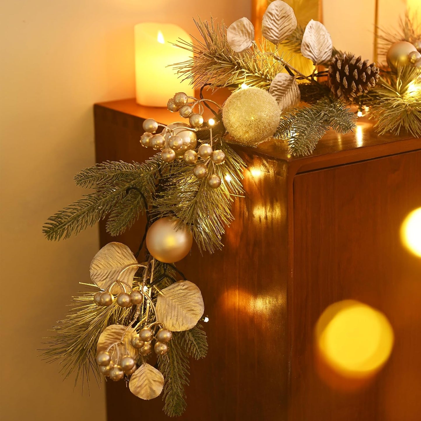 Pre-Lit Christmas Garland with White Gold Ball Accents