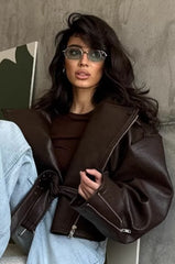 Elegant Retro Belted Biker Leather Jacket