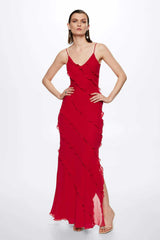 Chiffon Ruffle Open Back Split Slim Slip Dress