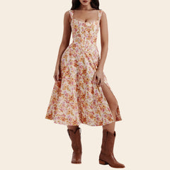 Low Cut A-Line Slit Floral Dress