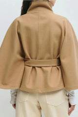 Solid Cape Stand Collar Buttoned Waist-Tied Trench Coat