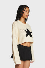 Five-Point Star Crop Crew Neck Knit Sweater