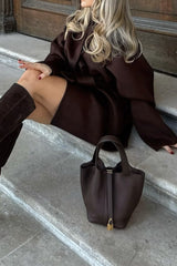 Dark Brown Short Loose Tie Waist Elegant Wool Coat