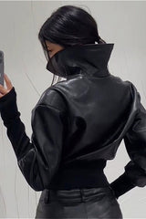 Sexy PU Stand-Up Collar Slim Bomber Jacket