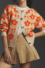 Floral Jacquard Elegant Button Long Sleeve Knit Cardigan