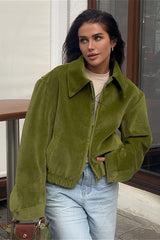 Retro Green Velvet Loose Collared Varsity Jacket