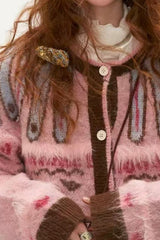 Pink Fair Isle Retro Slouchy Soft Knit Cardigan