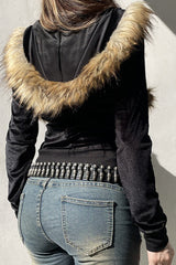 Retro Fuzzy Panel Velvet Zip-Up Hoodie