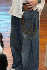 Edgy Deconstructed Embroidered Wide Leg Jeans