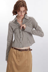 Plaid Ruched Long-Sleeve Blouse