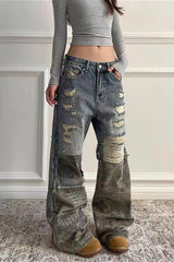 Washed Camo Patchwork Distressed Slim-Fit Jeans