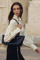 Polka Dot Collared Tie-Up Slim Chic Blouse