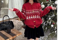 Sweet Christmas Horn Button Cardigan Cardigan-241208