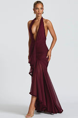Mesh Panel Halter V Neck Backless Elegant Party Dress