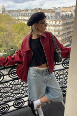 Color-Block Paneled Collared Leather Jacket