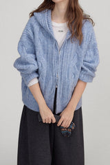 Retro Cable Knit Hooded Soft Wool Cardigan