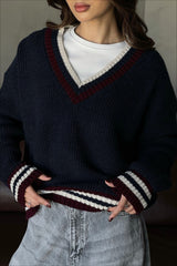 Casual Striped Color Block V-Neck Loose Knit Sweater