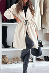 Tie Front Hooded Lapel Long Sleeve Casual Coat