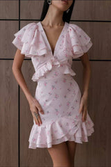 Ruffled V Neck Long Fitted Floral Dress