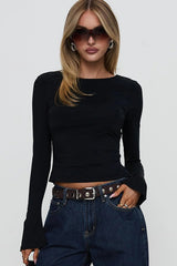 Solid Back-Tie Backless Long-Sleeve Slim Blouse