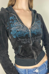 Printed Rhinestone Zip-Up Hoodie