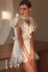 Ruffled V Neck Long Fitted Floral Dress