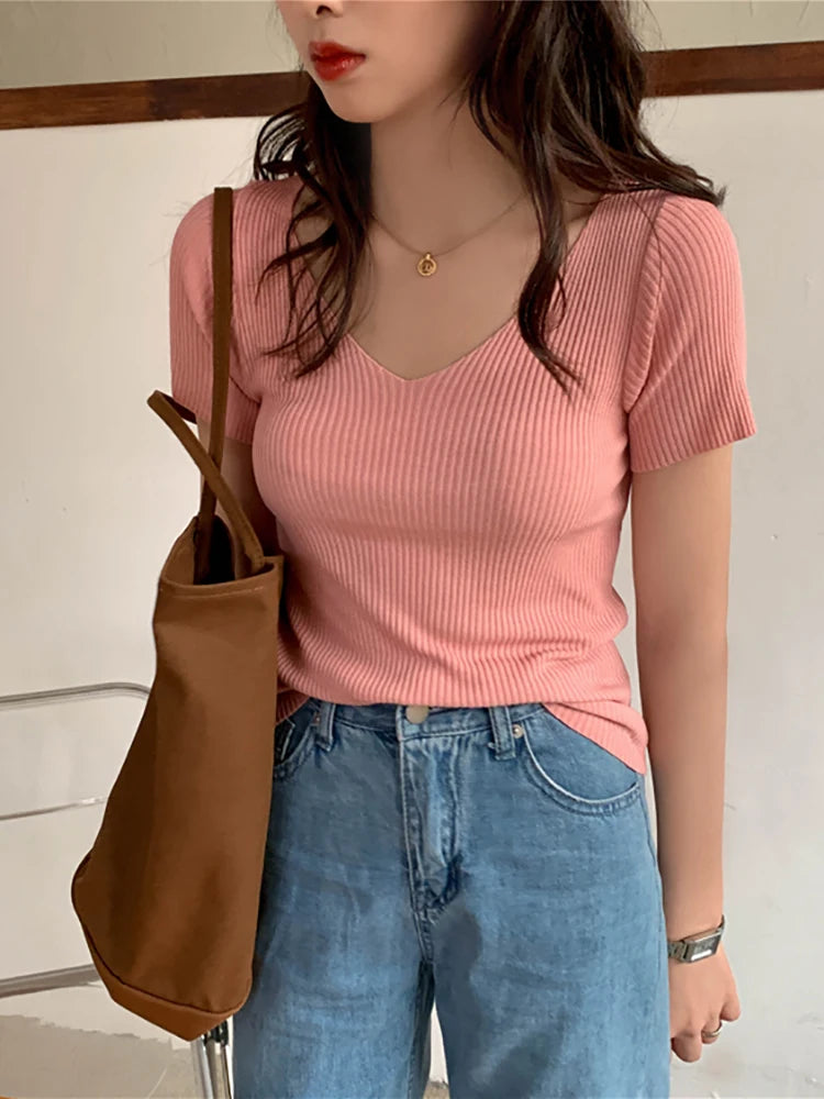 Basic V-neck Solid Thin Summer Ribbed Slim Short Sleeve Sweater