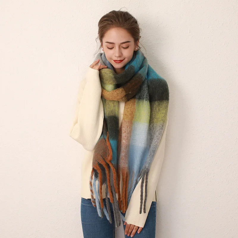 Winter Plaid Tassel Rainbow Faux Cashmere Long Muffler Scarf