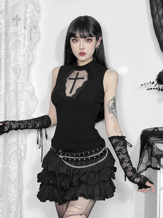 Grunge Crop See Alternative Dark Patchwork Gothic Top Through Mesh Cross