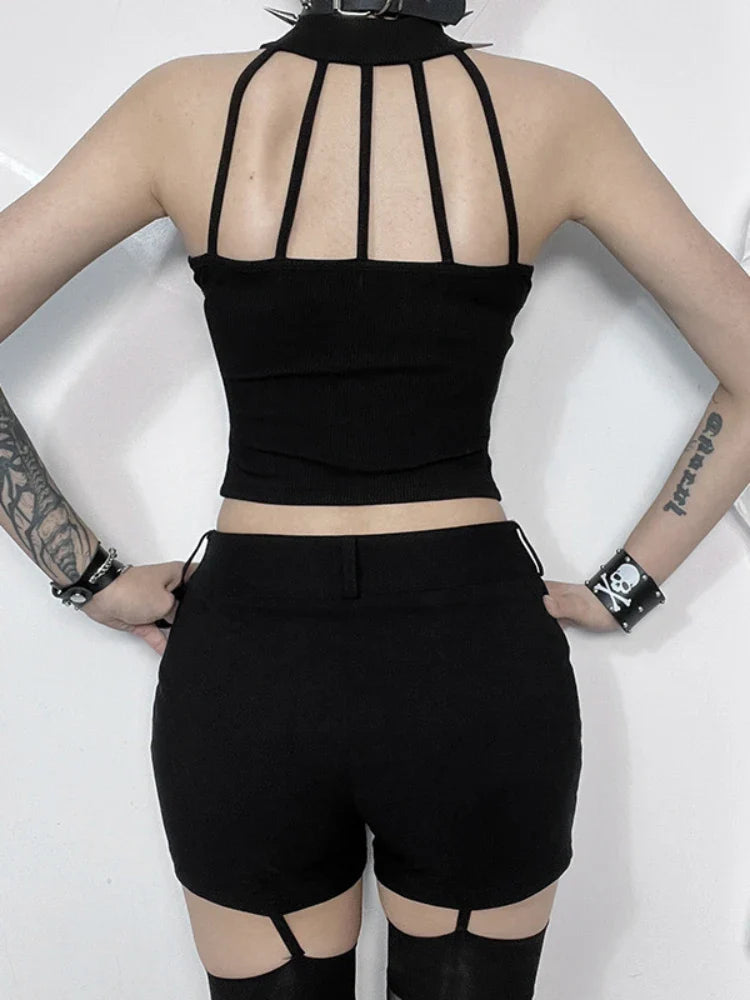 Top Black Patchwork Punk Gothic Cross Alt Cyber Crop Streetwear Dark Grunge