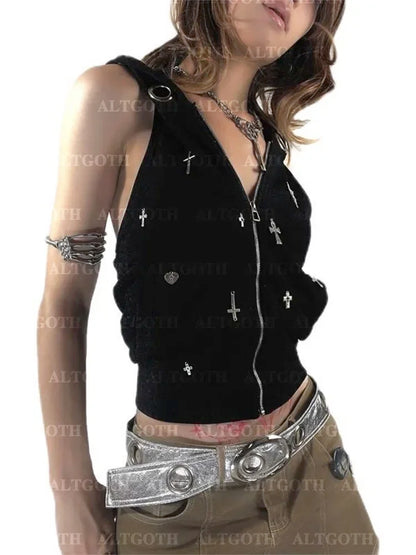 Dark Hooded Vest Grunge Alt Gothic Streetwear Cross Crop Top Cyberpunk