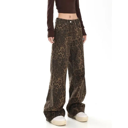 Amy Fashion - Trendy Autumnal American Retro Leopard Print Niche Design Casual Straight Wide-Leg Pants Jean