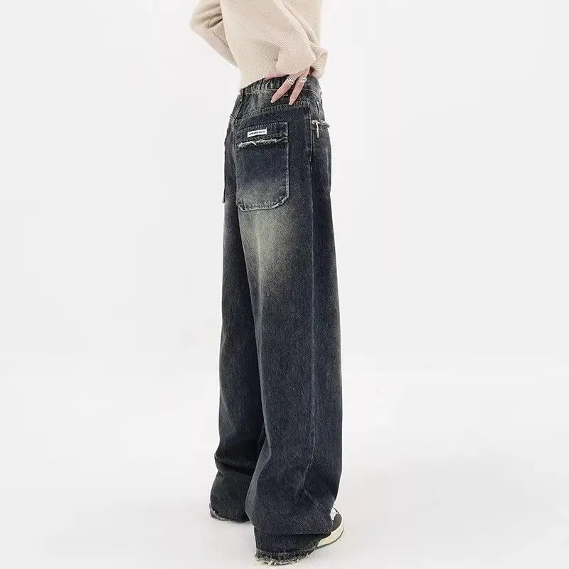Amy Fashion - Autumnal American Retro Leopard Print Niche Design Casual Straight Wide-Leg Pants Jean