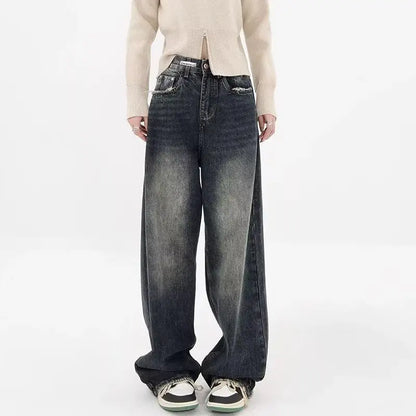 Amy Fashion - Autumnal American Retro Leopard Print Niche Design Casual Straight Wide-Leg Pants Jean