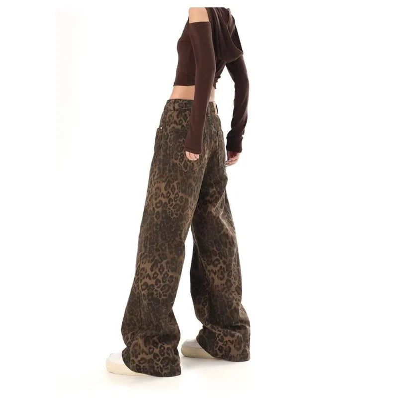 Amy Fashion - Trendy Autumnal American Retro Leopard Print Niche Design Casual Straight Wide-Leg Pants Jean