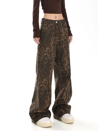 Amy Fashion - Trendy Autumnal American Retro Leopard Print Niche Design Casual Straight Wide-Leg Pants Jean