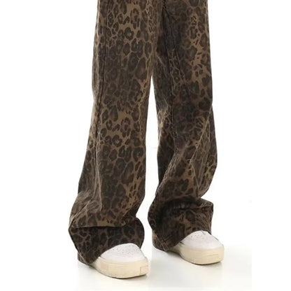 Amy Fashion - Trendy Autumnal American Retro Leopard Print Niche Design Casual Straight Wide-Leg Pants Jean