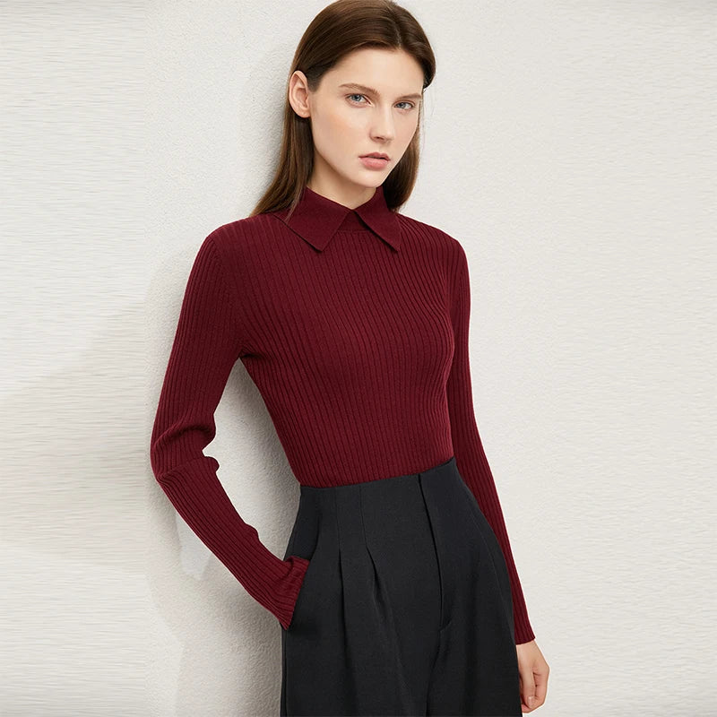 Women's Fashion Polo Collar Wool Pullover Long Sleeve Knitted Office Lady Sweater