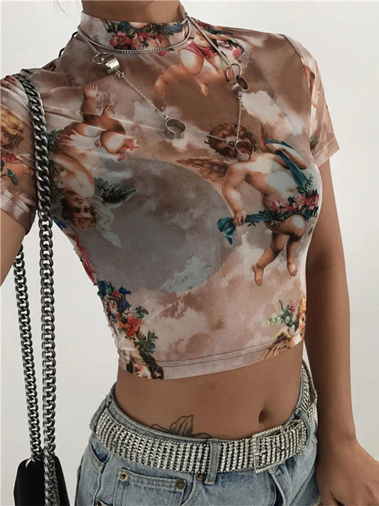 AMY FASHION - Angel Print MeshSexy Graphic Tees Hot Sale Crop Top
